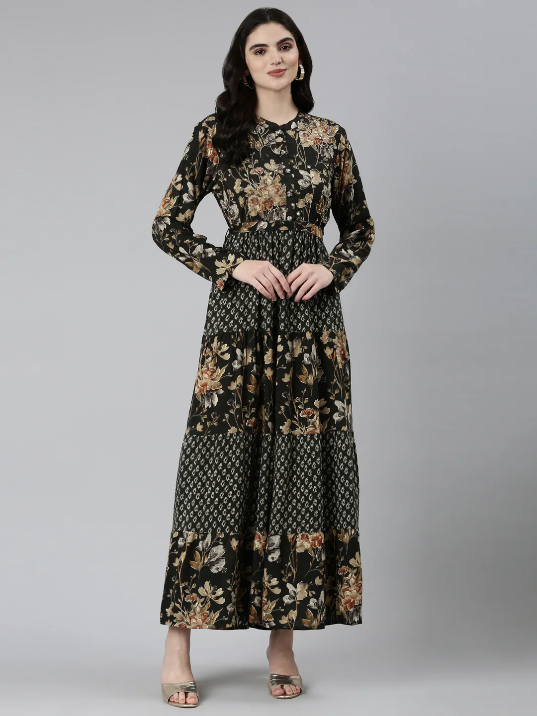 Neerus Black Straight Casual Floral Dresses - Image 5