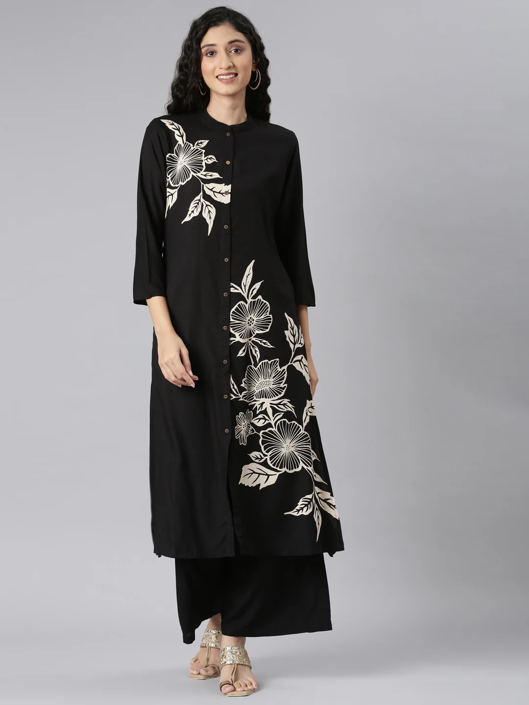 Neerus Black Straight Casual Floral Kurta and Plazzo
