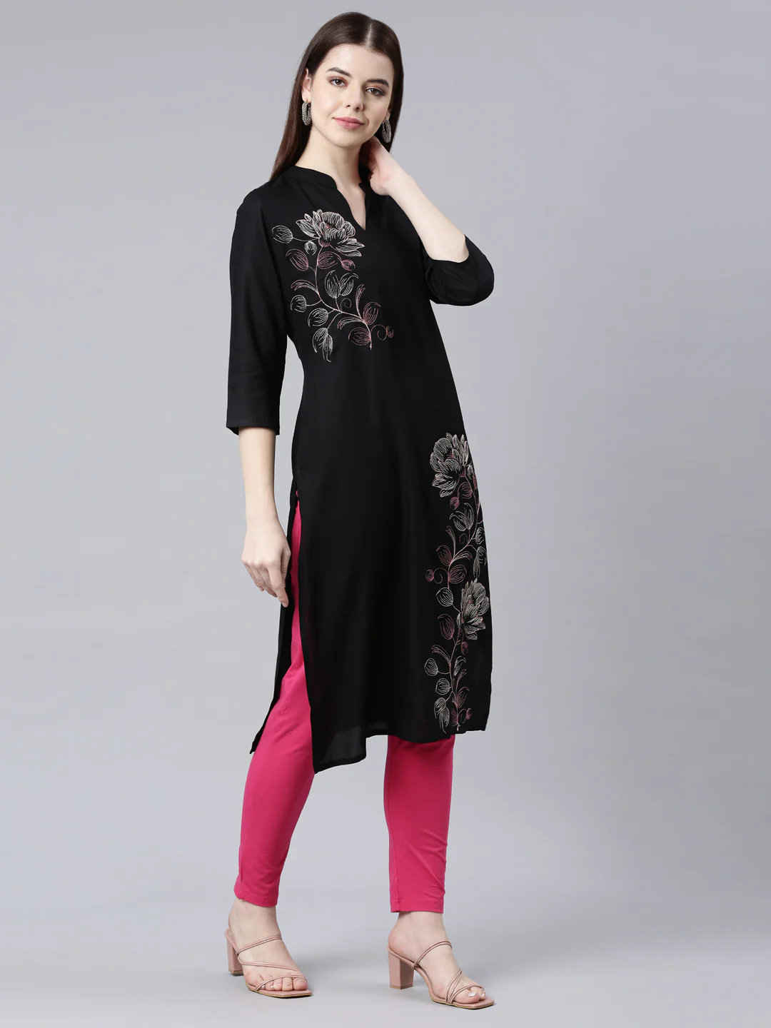 Neerus Black Straight Casual Floral Straight Kurta - Image 3