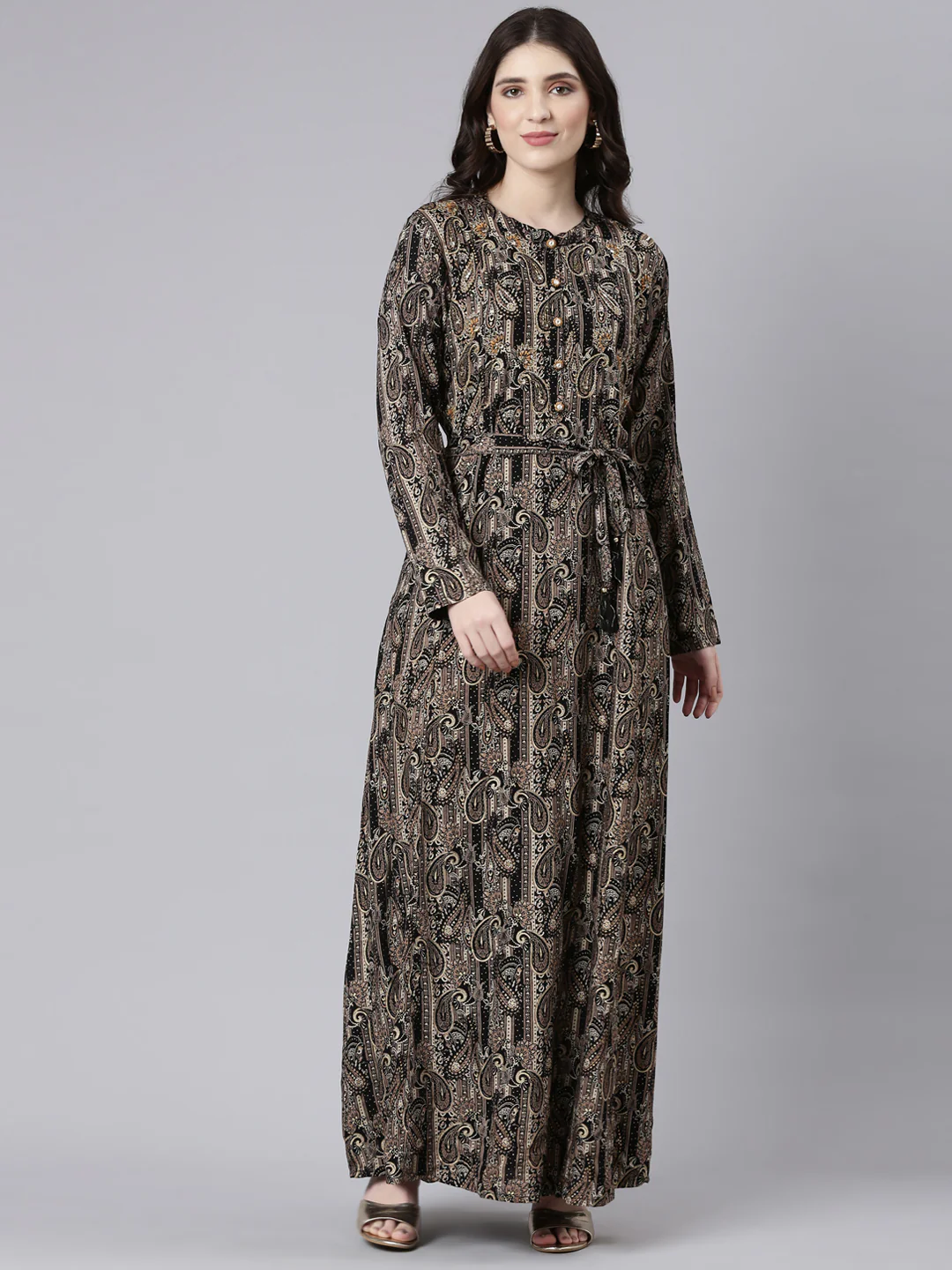 Neerus Black Straight Casual Printed Maxi Dresses