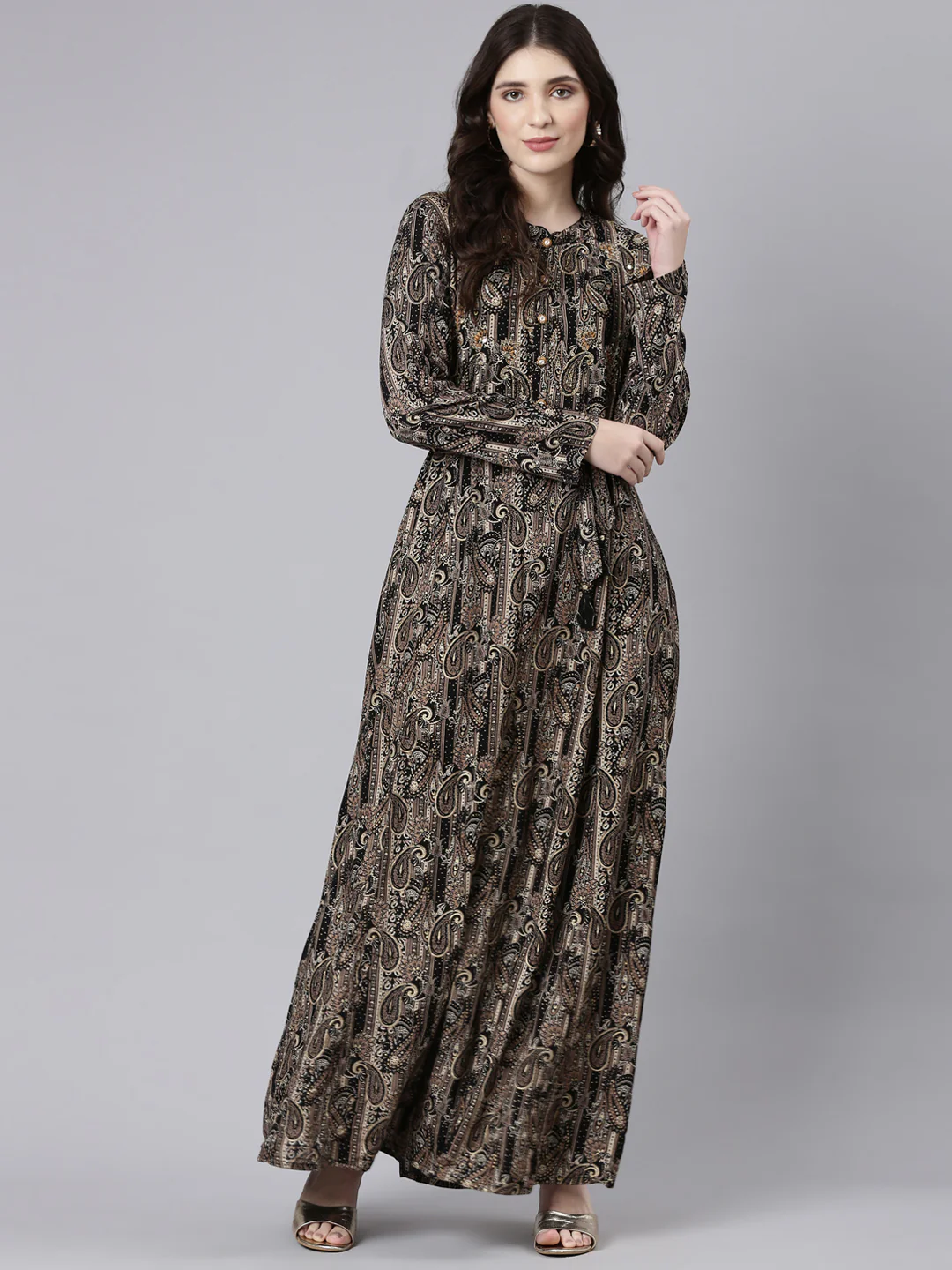 Neerus Black Straight Casual Printed Maxi Dresses - Image 5