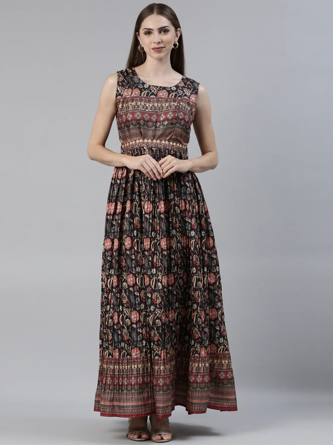 Neerus Black Straight Casual Printed Maxi Dresses