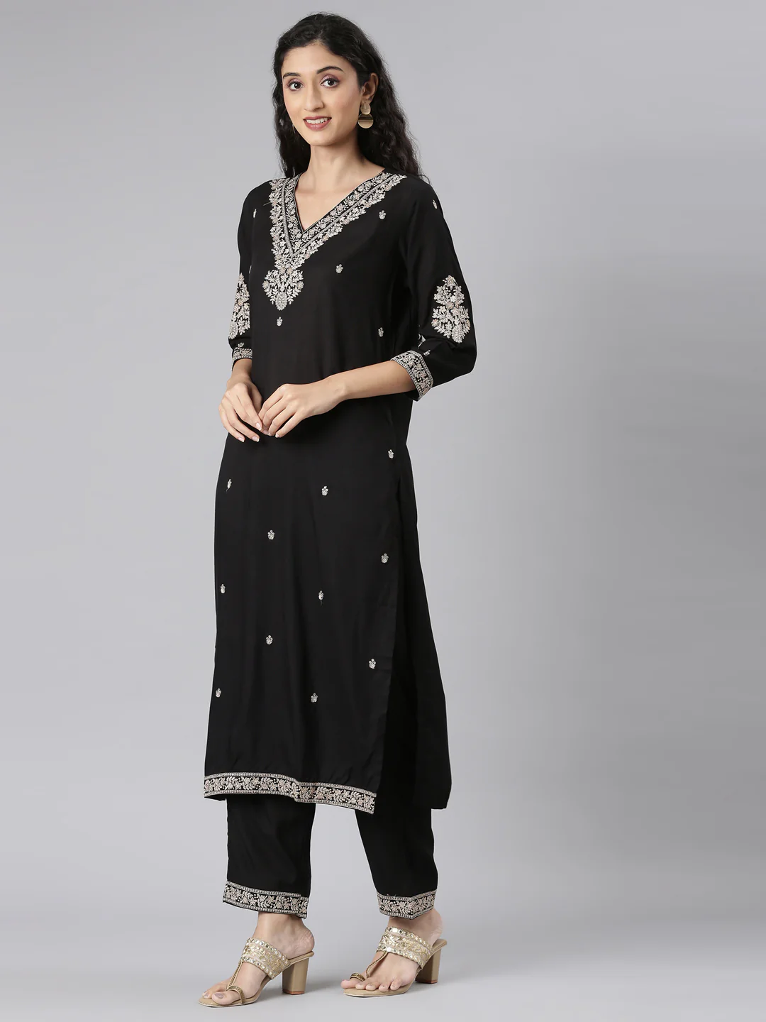Neerus Black Straight Casual Solid Kurta and Trouser with Dupatta - Image 2