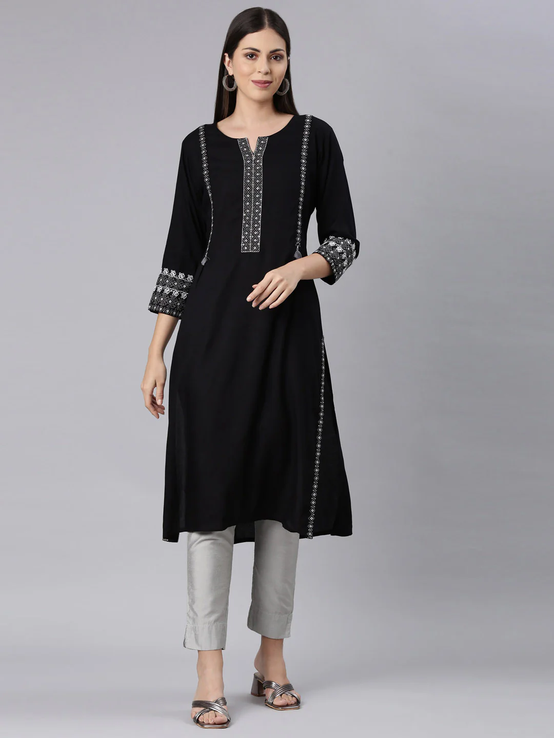 Neerus Black Straight Casual Solid Straight Kurta - Image 6