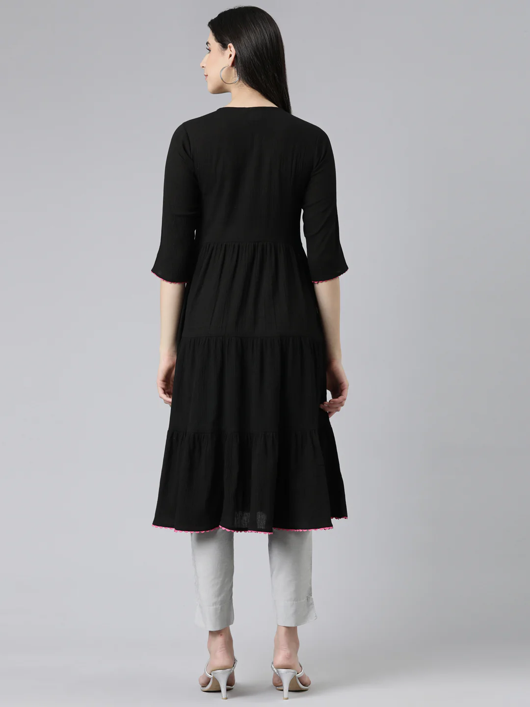 Neerus Black Straight Solid Chiffon Kurta - Image 3