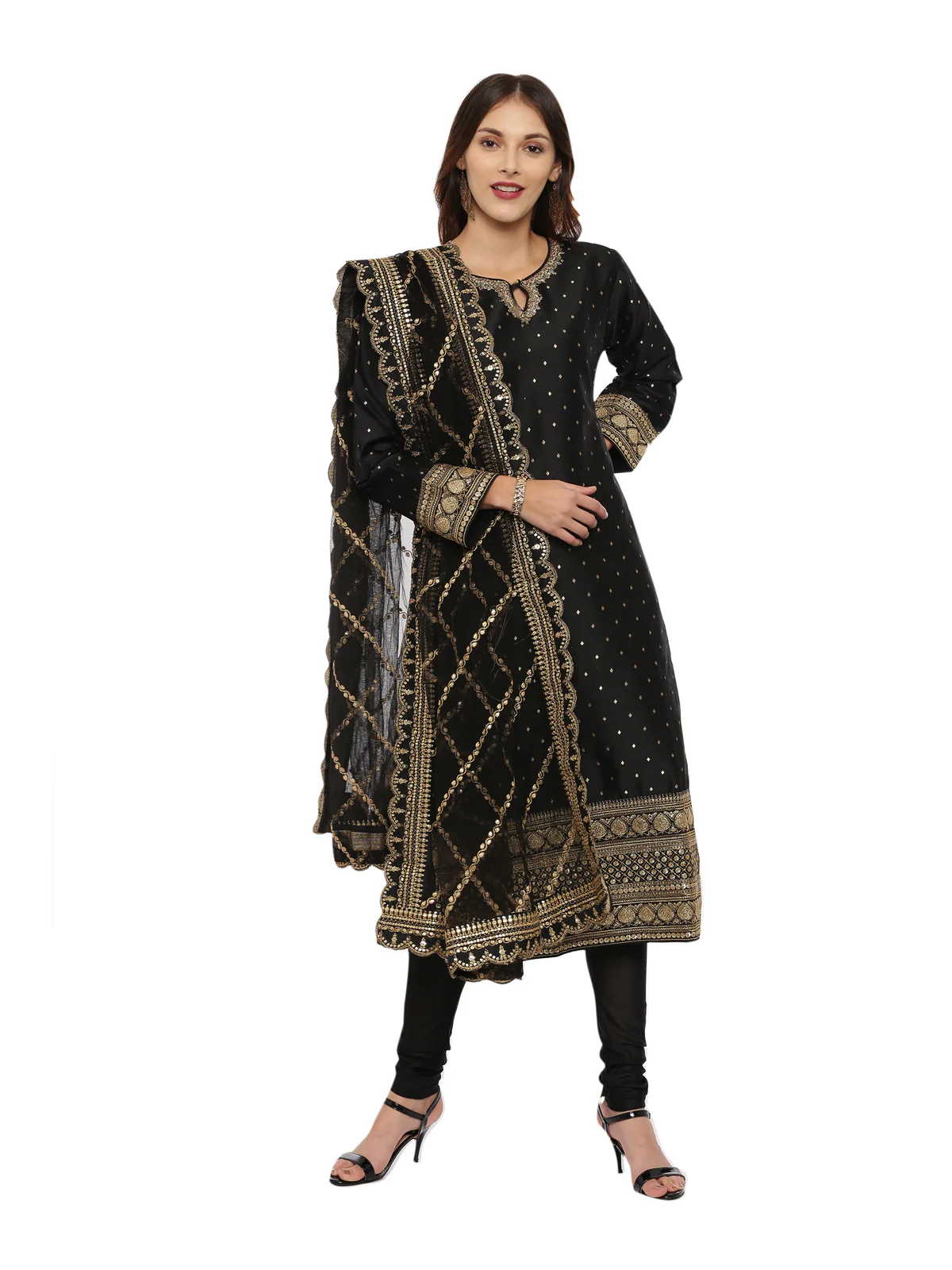 Neerus Black Textured Kurta With Churidar & Dupatta