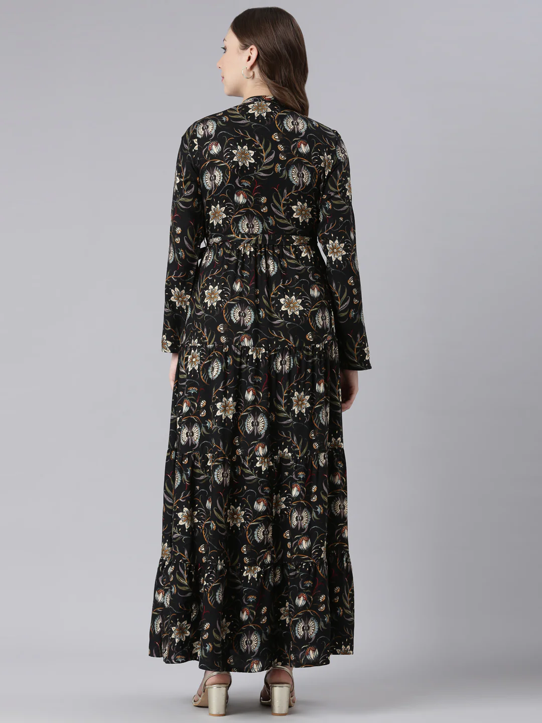 Neerus Black Viscose Rayon Curved Casual Floral Maxi Dresses. - Image 4