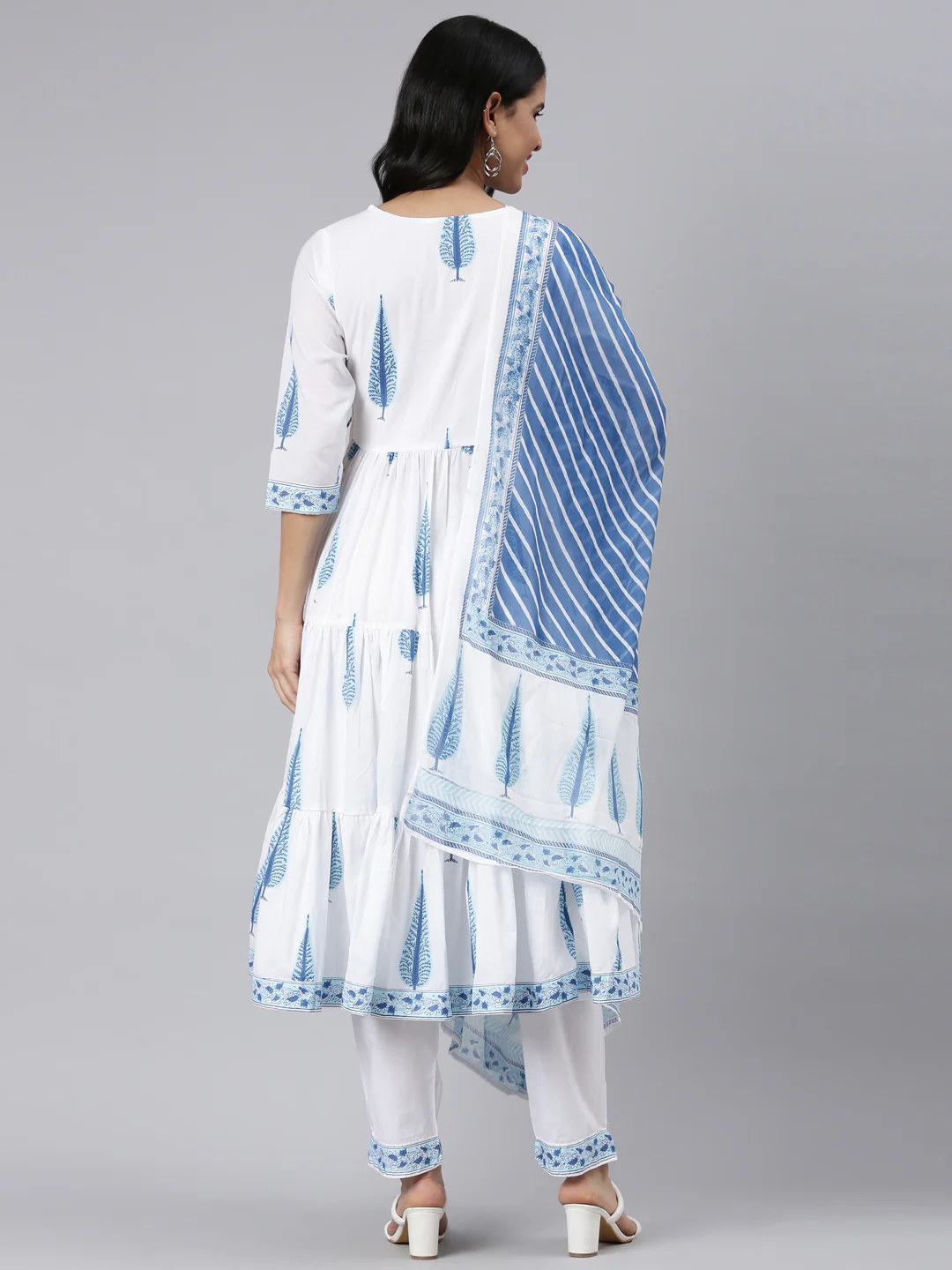 Neerus Blue Angrakha Curved Printed Kurta and Trousers With Dupatta - Image 3