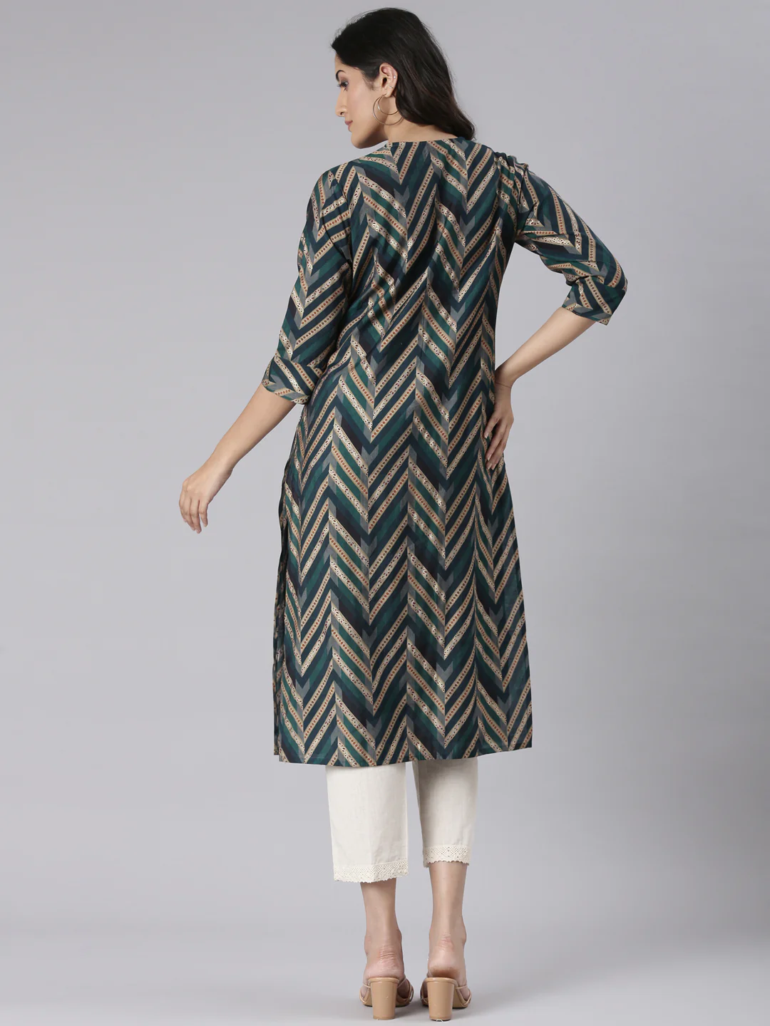 Neerus Blue Casual Chevron Straight Kurta - Image 3