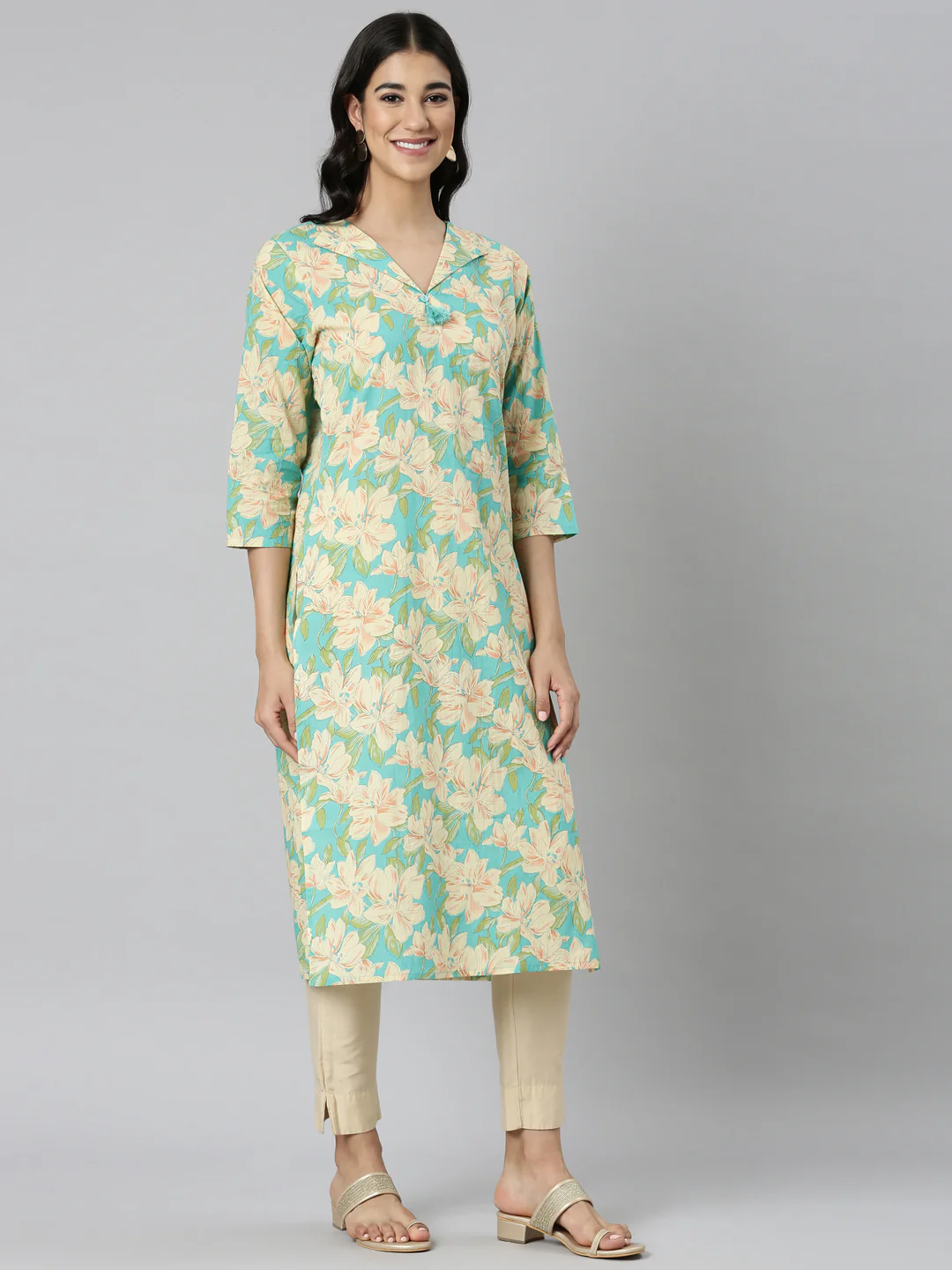 Neerus Blue Casual Floral Straight Kurta - Image 3