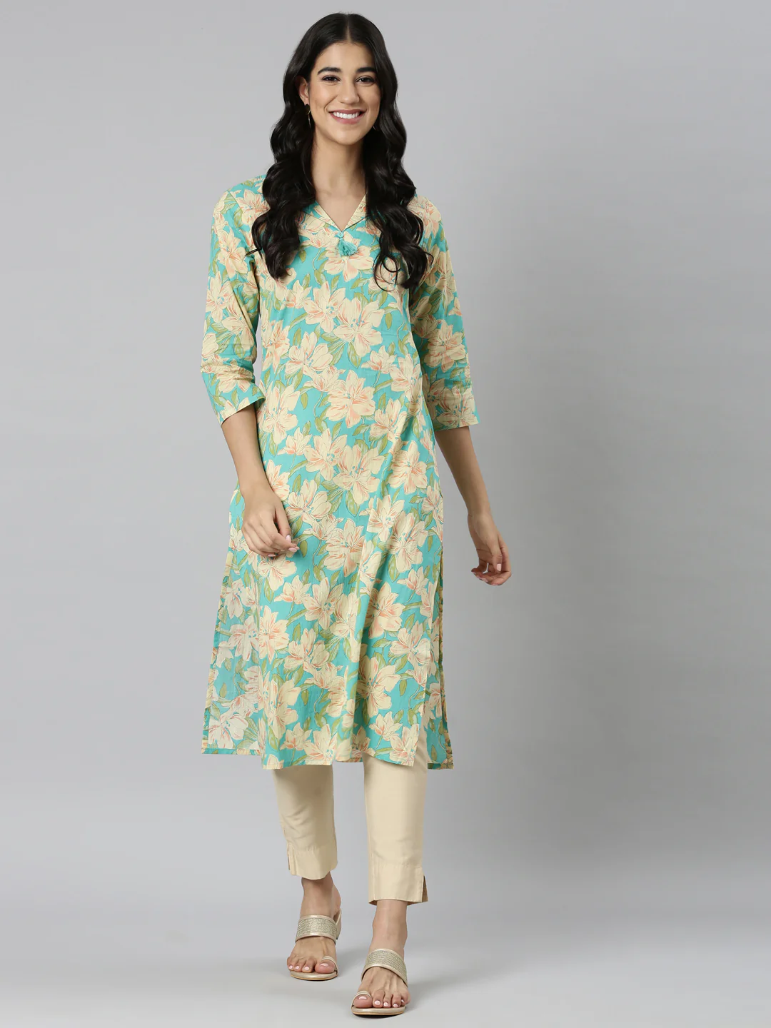 Neerus Blue Casual Floral Straight Kurta - Image 6