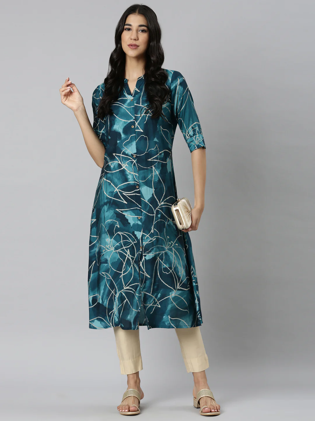 Neerus Blue Casual Floral Straight Kurta - Image 6