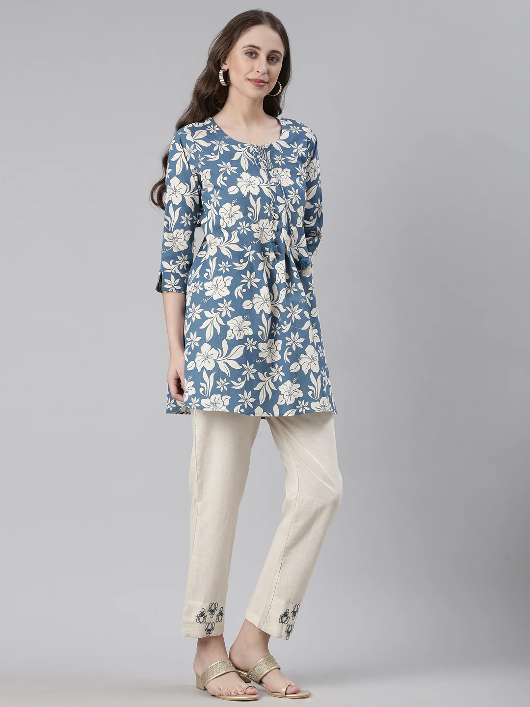 Neerus Blue Casual Printed Kurti with Trousers - Image 2