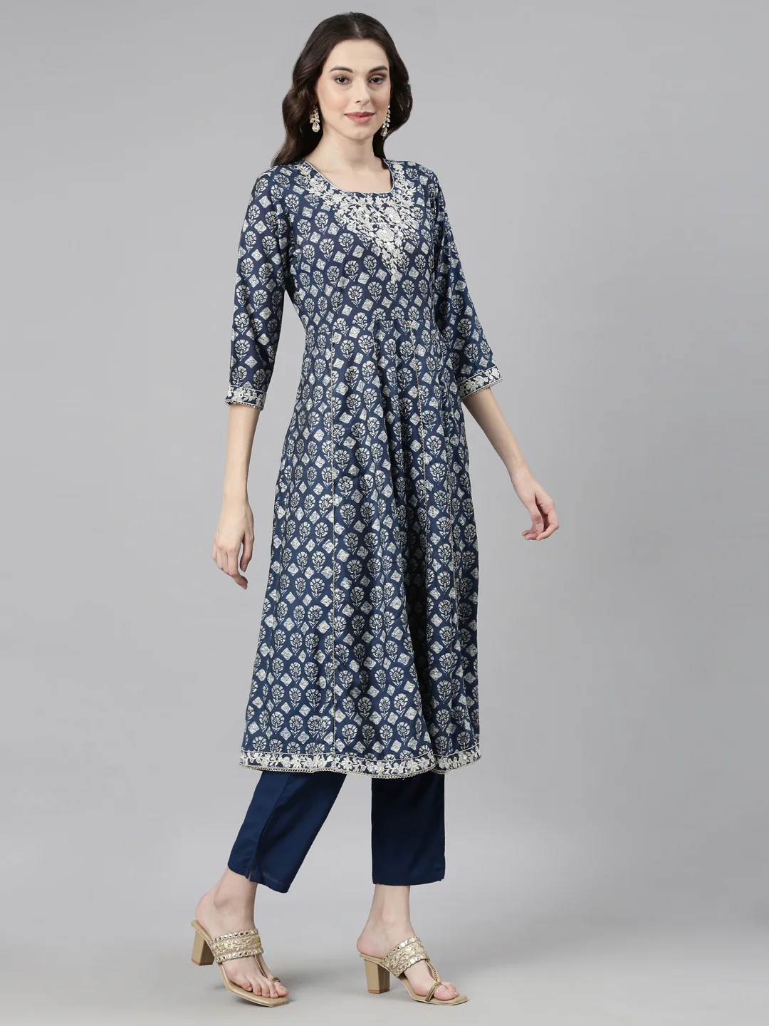 Neerus Blue Casual Quirky Anarkali Kurta and Trousers With Dupatta - Image 3