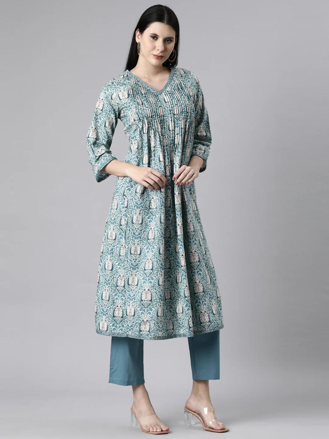 Neerus Blue Casual Quirky Anarkali Kurta and Trousers With Dupatta - Image 3
