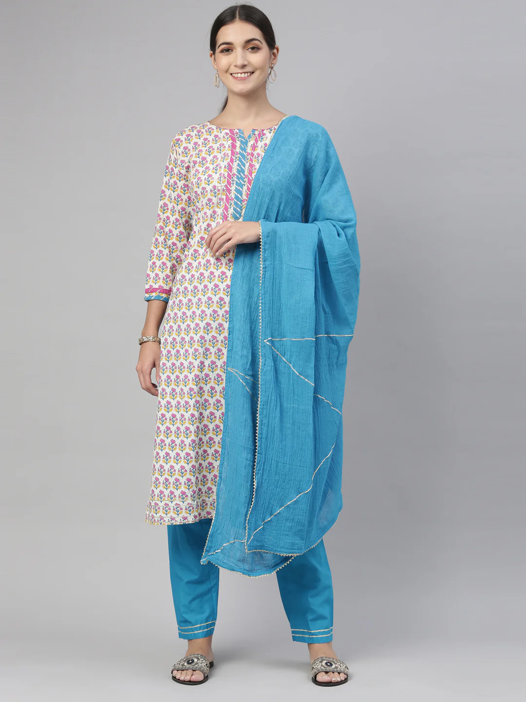 Neerus Blue Color Cotton Fabric Kurta Set