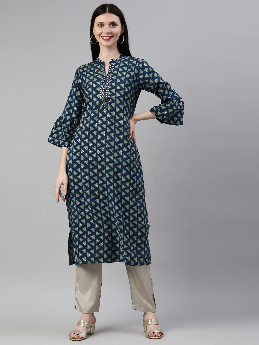 Neerus Blue Color Muslin Fabric Kurta Set - Image 9