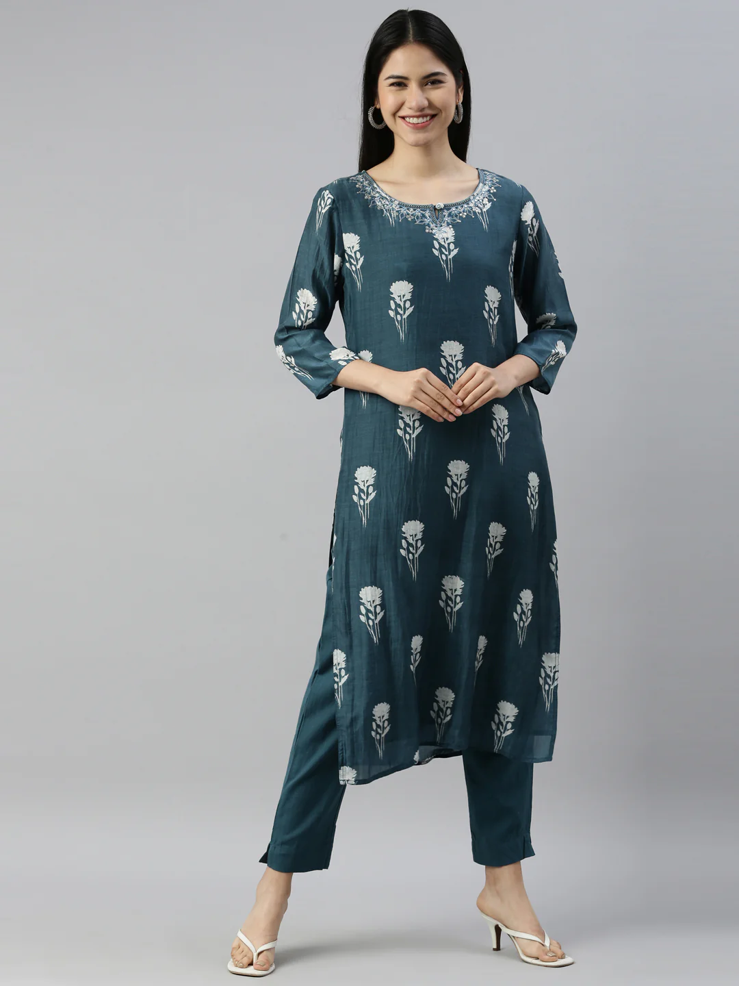 Neerus Blue Color Muslin Fabric Suit Set