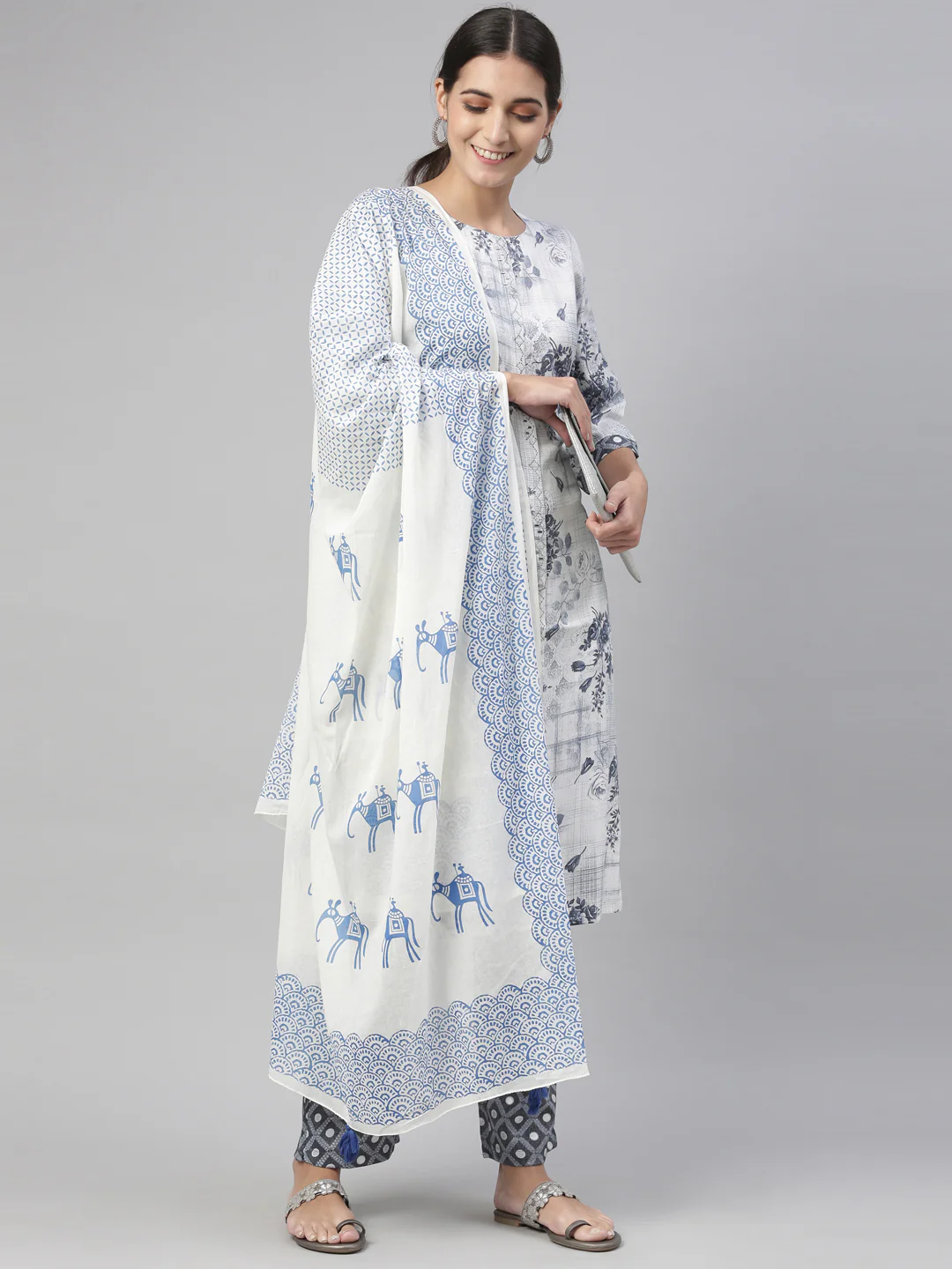 Neerus Blue Color Slub Rayon Fabric Kurta and Trouser with Dupatta - Image 10