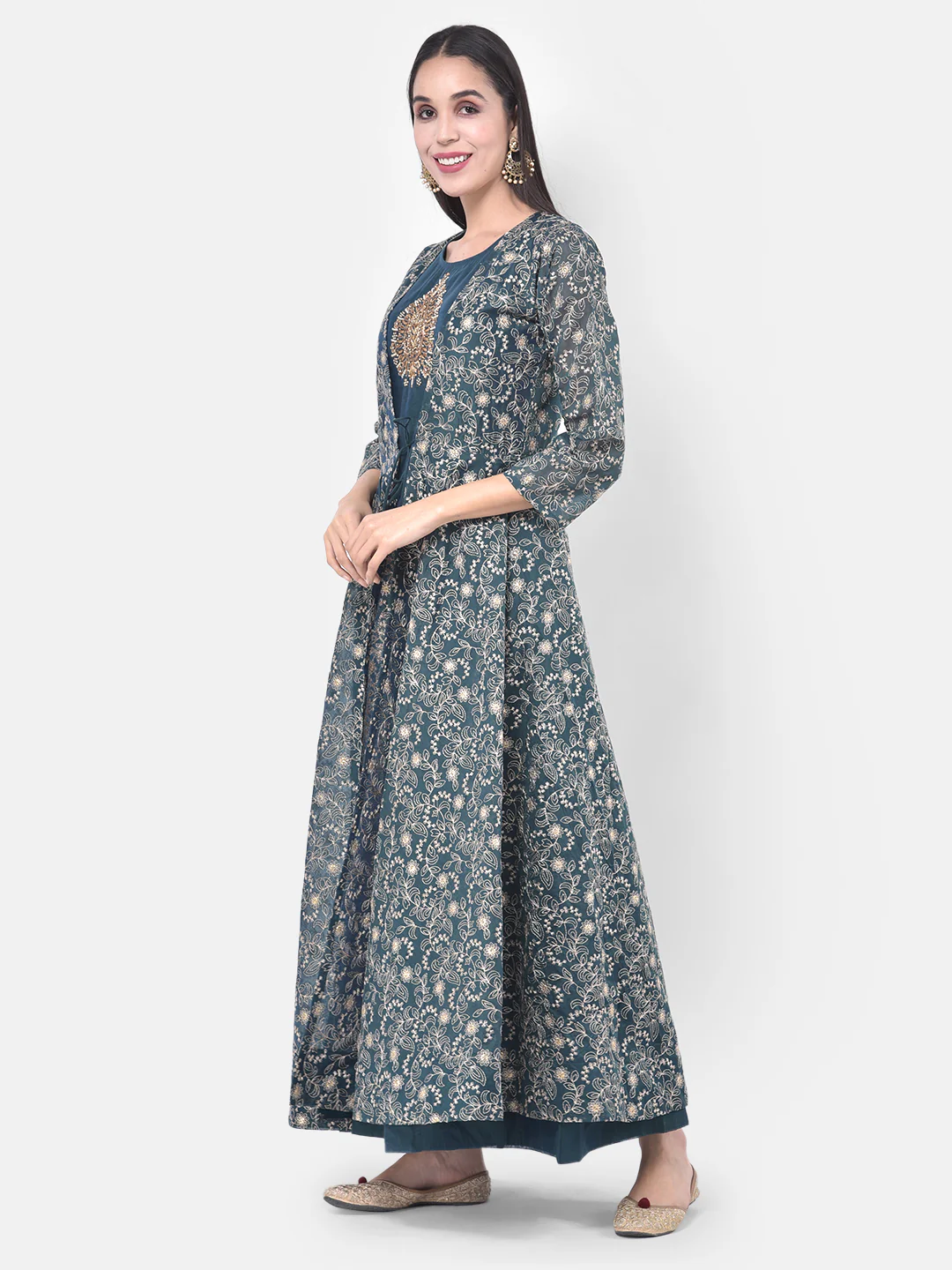 Neerus Blue Embellished Anarkali Kurta With Jacket - Image 2