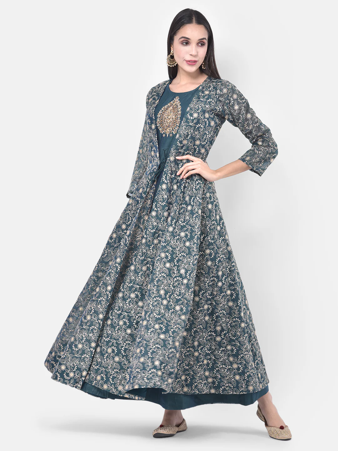 Neerus Blue Embellished Anarkali Kurta With Jacket - Image 7