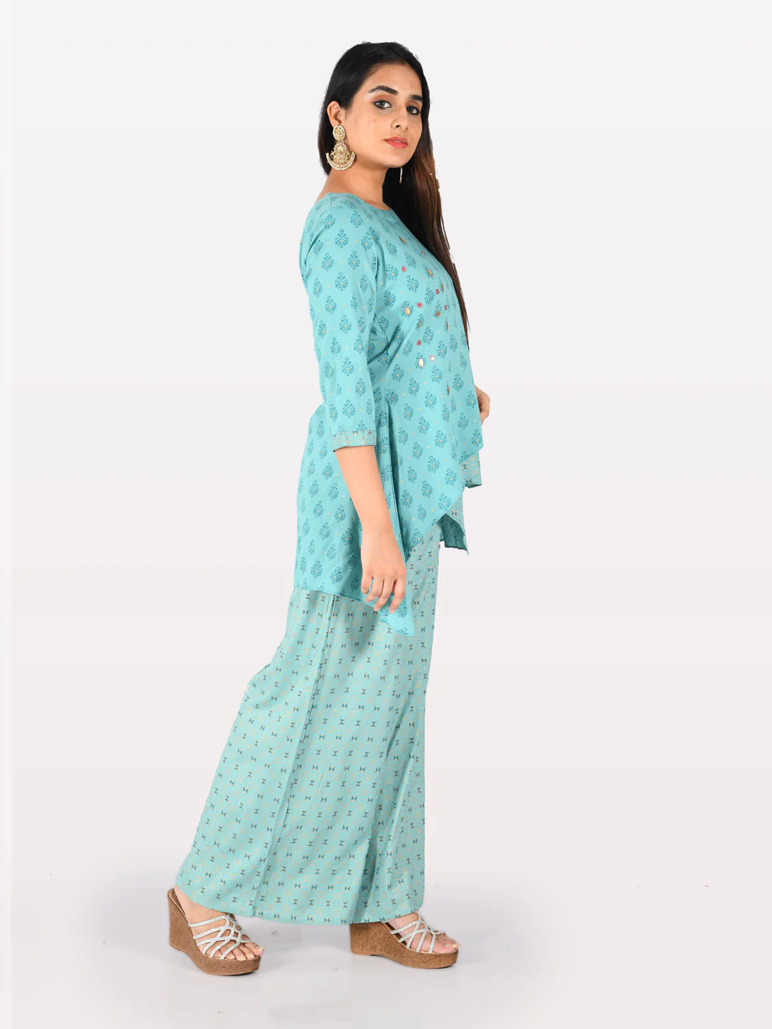 Neerus Blue Embellished High Low Kurti - Image 2