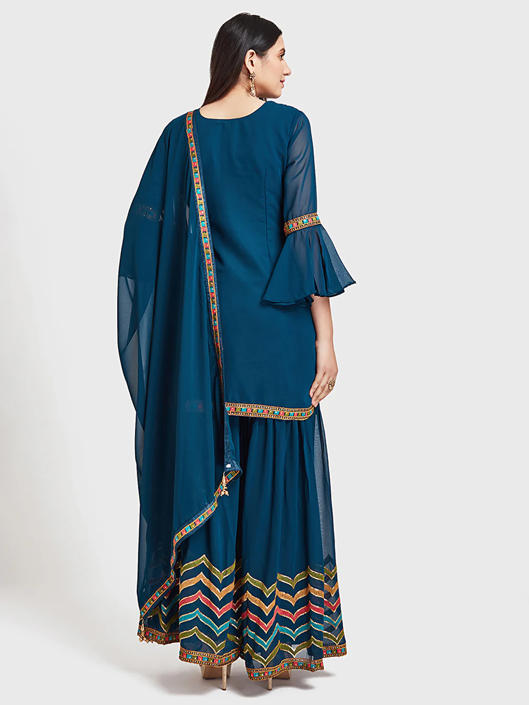 Neerus Blue Embellished Kurta With Sharara & Dupatta - Image 2