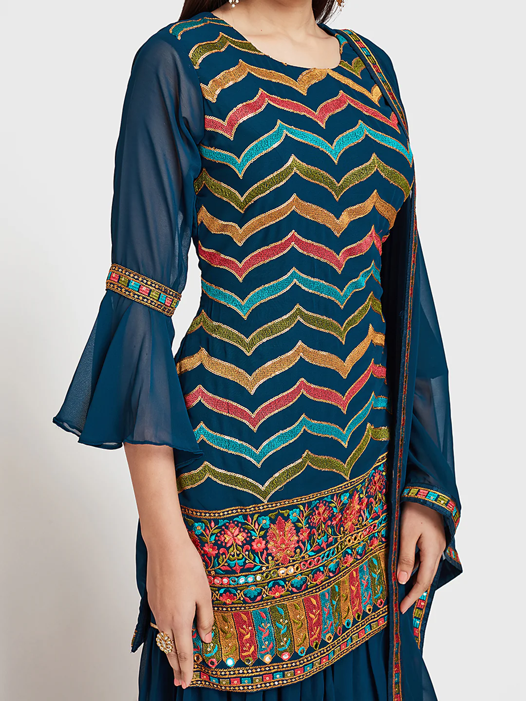 Neerus Blue Embellished Kurta With Sharara & Dupatta - Image 3