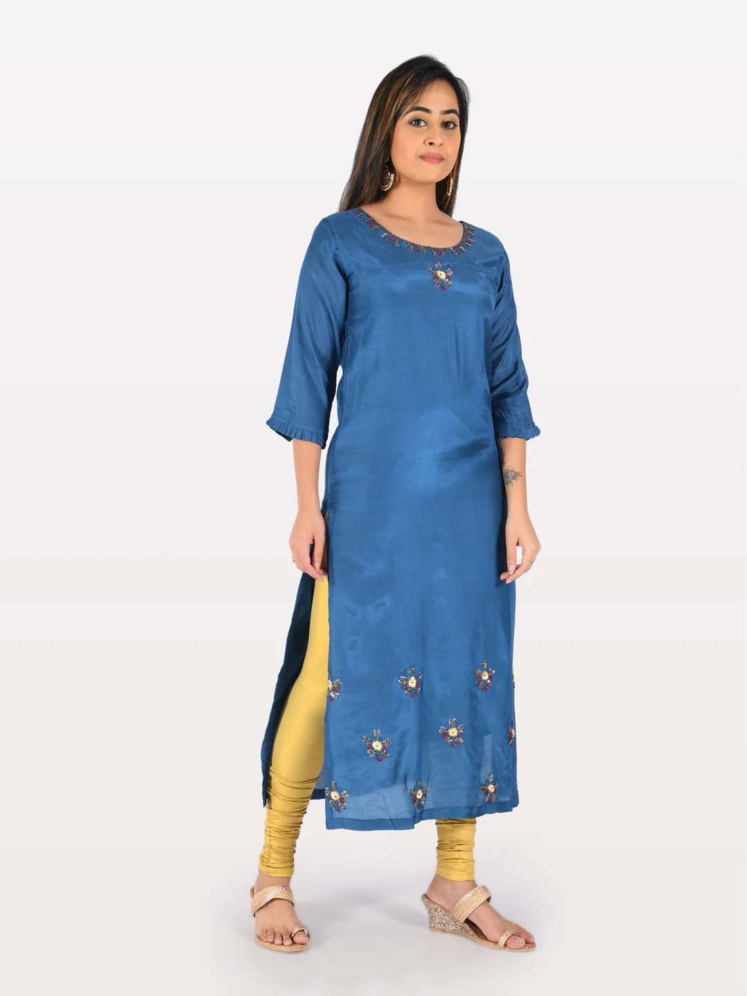 Neerus Blue Embellished Straight Kurta - Image 3