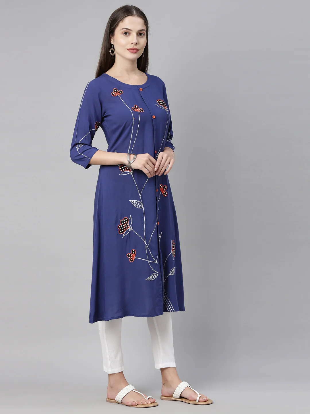 Neerus Blue Embroidered A Line Kurta - Image 5