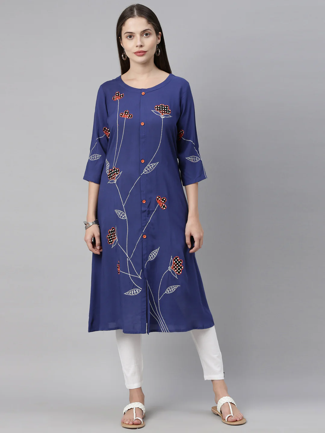 Neerus Blue Embroidered A Line Kurta - Image 8