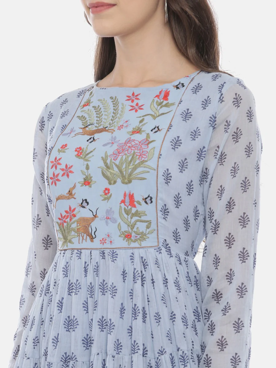 Neerus Blue Embroidered Fit & Flare Kurta - Image 2