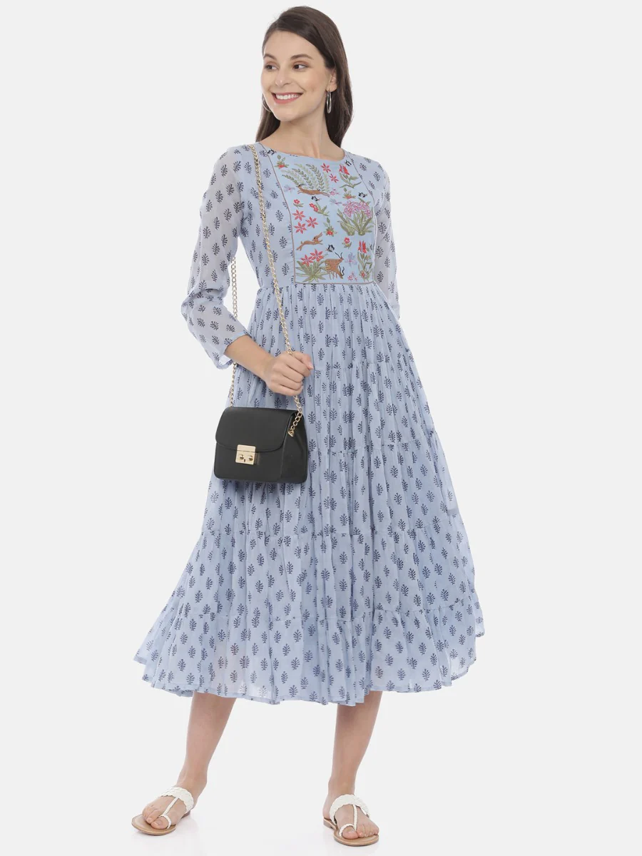Neerus Blue Embroidered Fit & Flare Kurta - Image 6