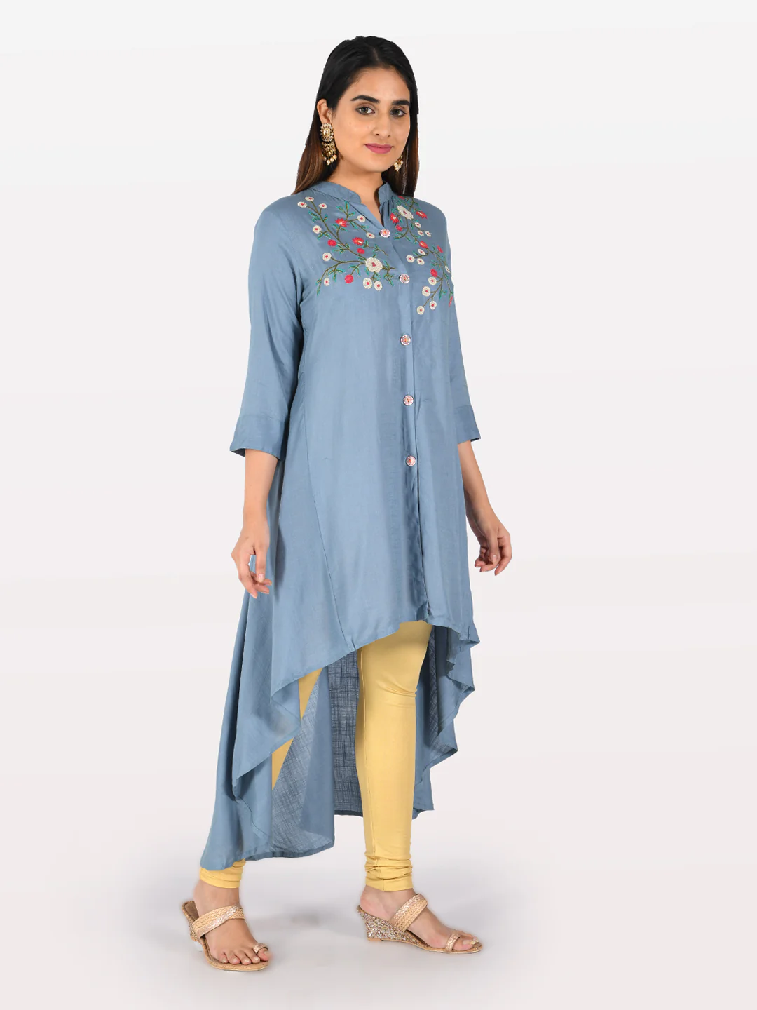 Neerus Blue Embroidered High Low Kurta