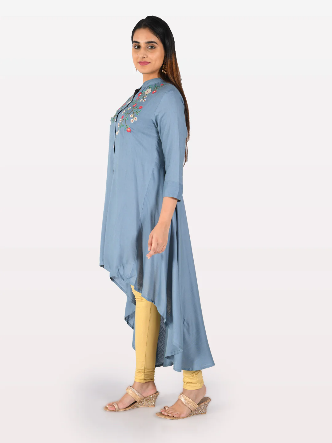 Neerus Blue Embroidered High Low Kurta - Image 2