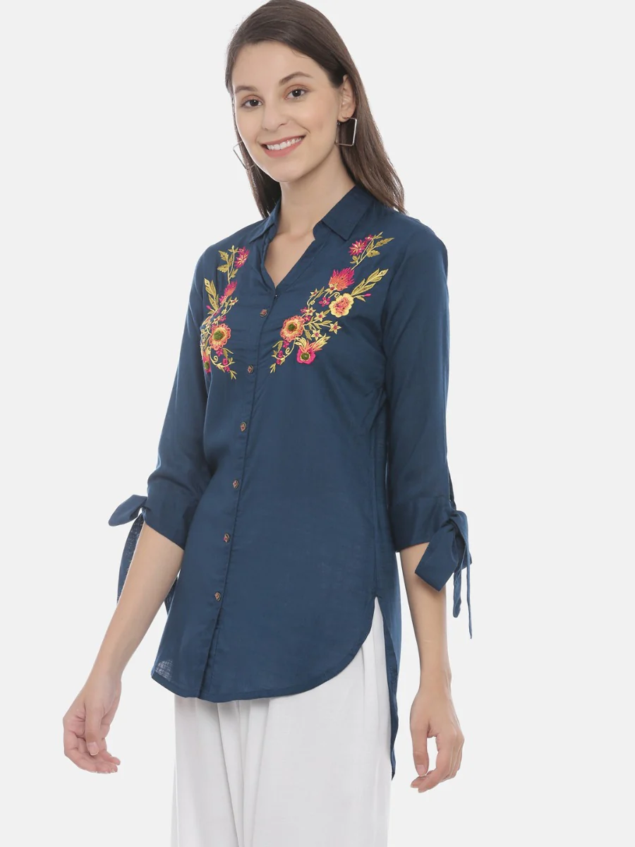 Neerus Blue Embroidered High Low Kurti - Image 4