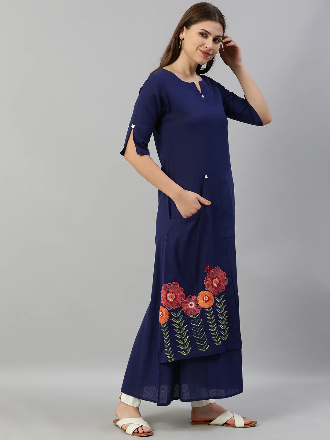 Neerus Blue Embroidered Straight Kurta - Image 4