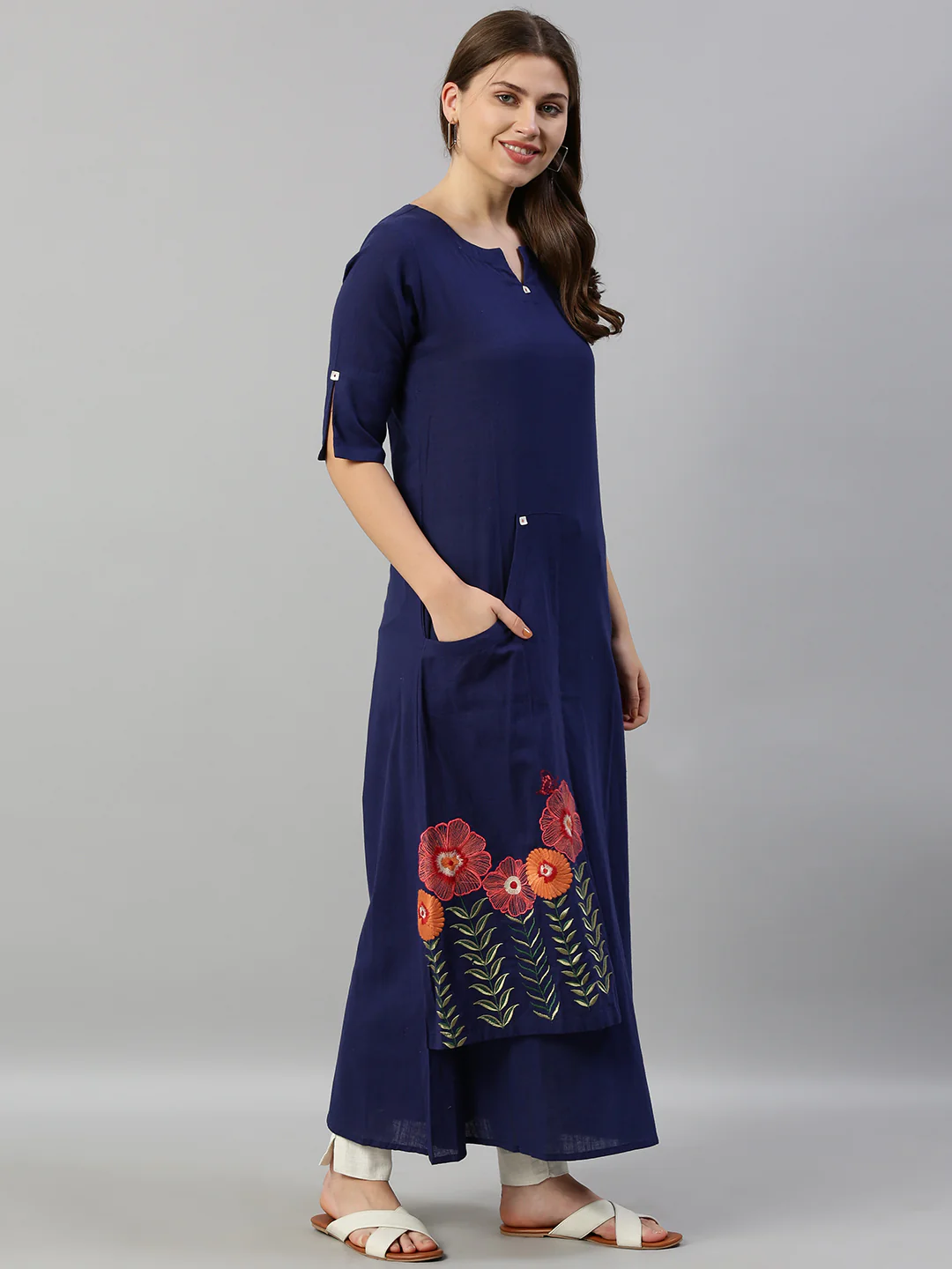 Neerus Blue Embroidered Straight Kurta - Image 6