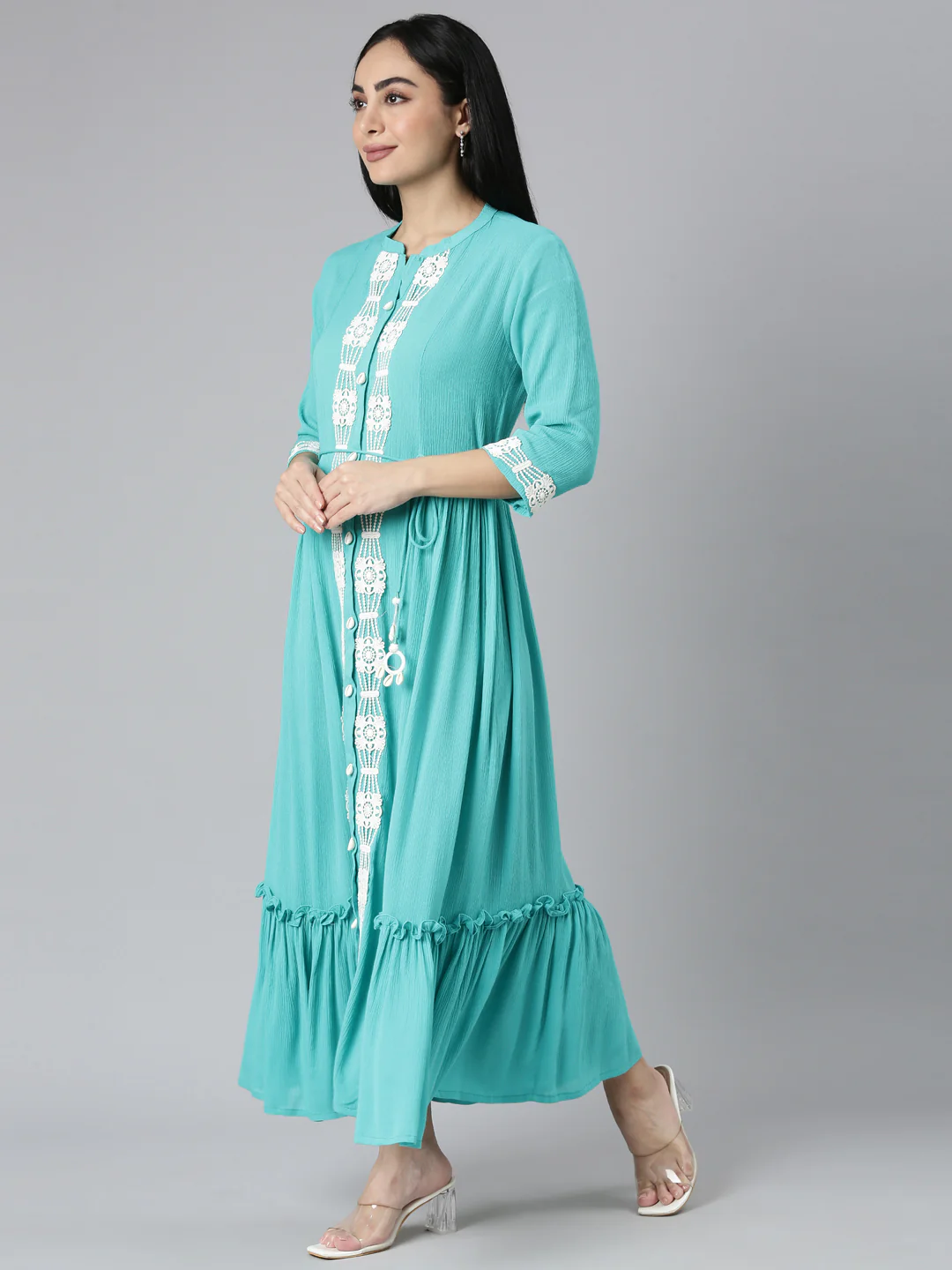 Neerus Blue Flared Casual Solid Maxi Dresses - Image 2