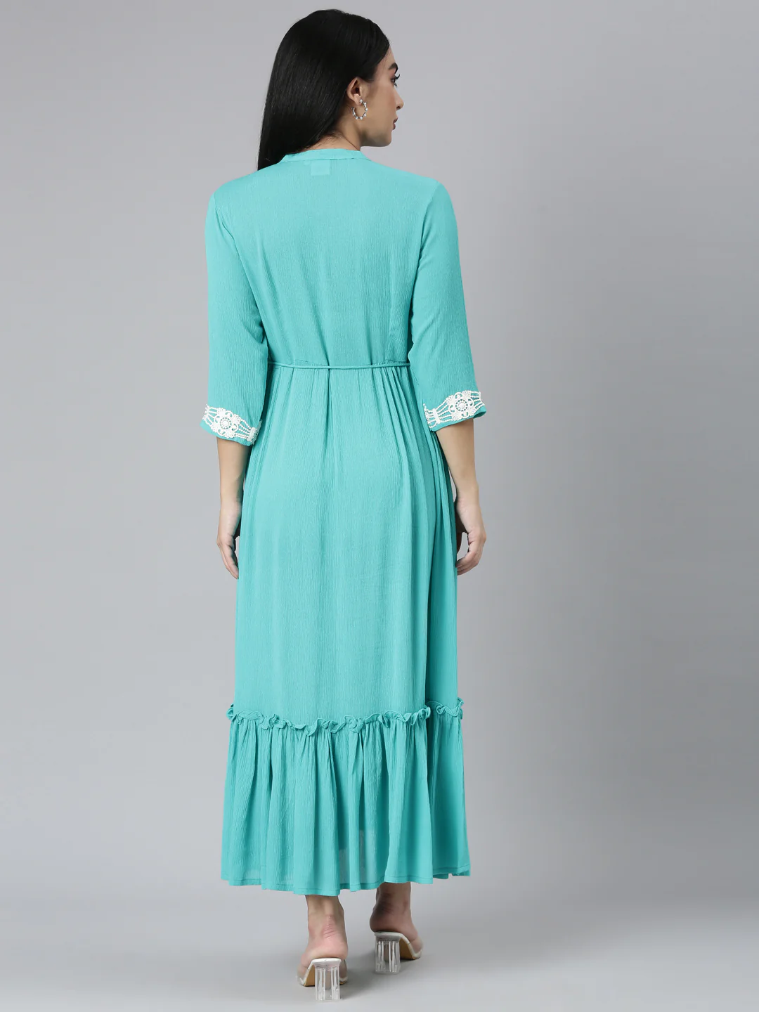 Neerus Blue Flared Casual Solid Maxi Dresses - Image 3