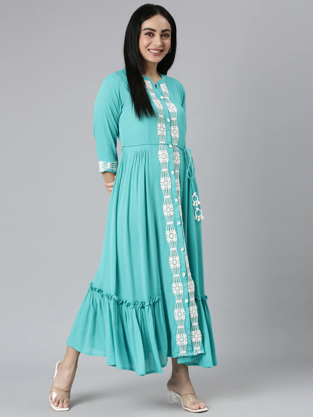 Neerus Blue Flared Casual Solid Maxi Dresses - Image 5
