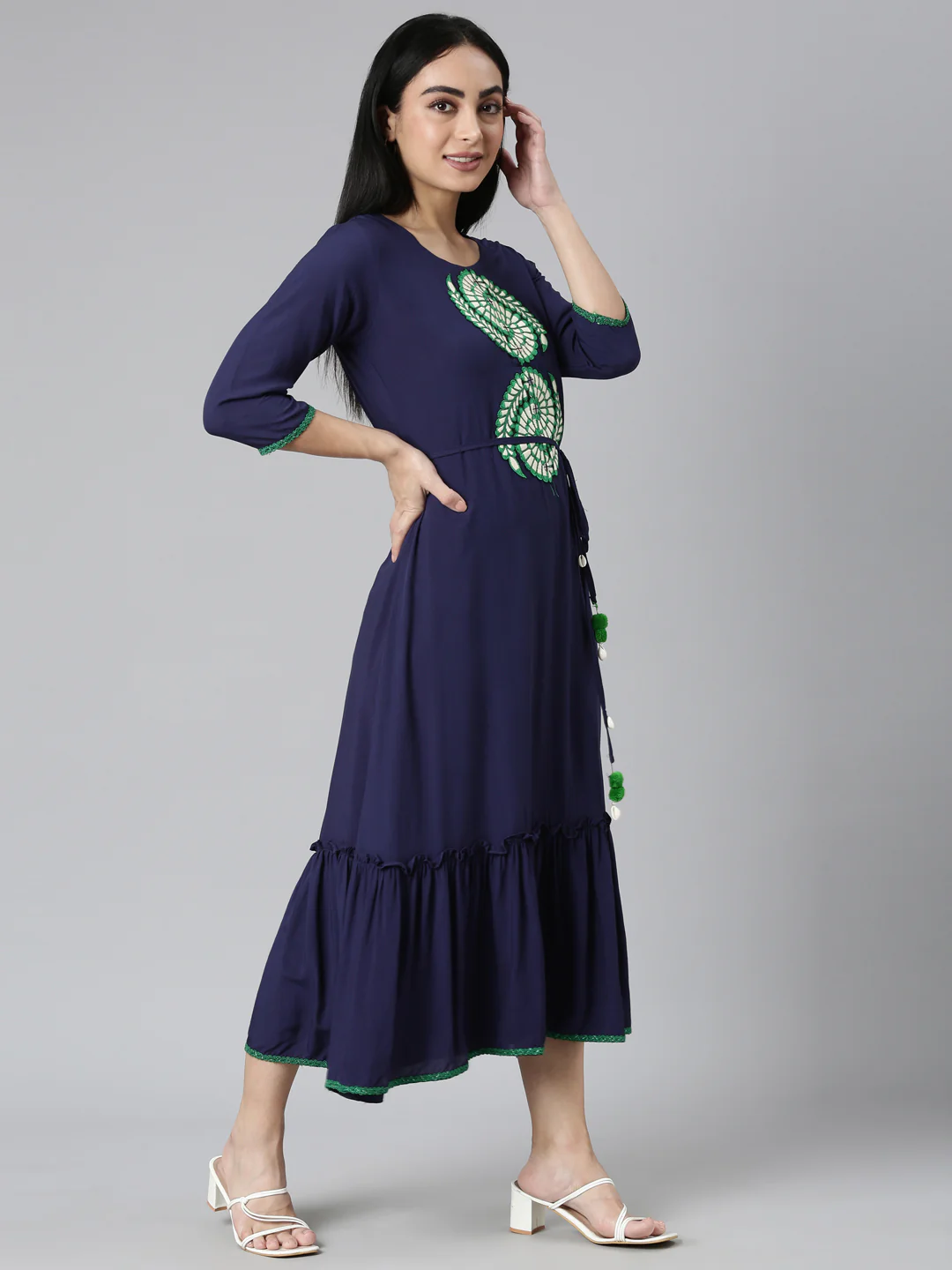 Neerus Blue Flared Casual Solid Maxi Dresses - Image 2