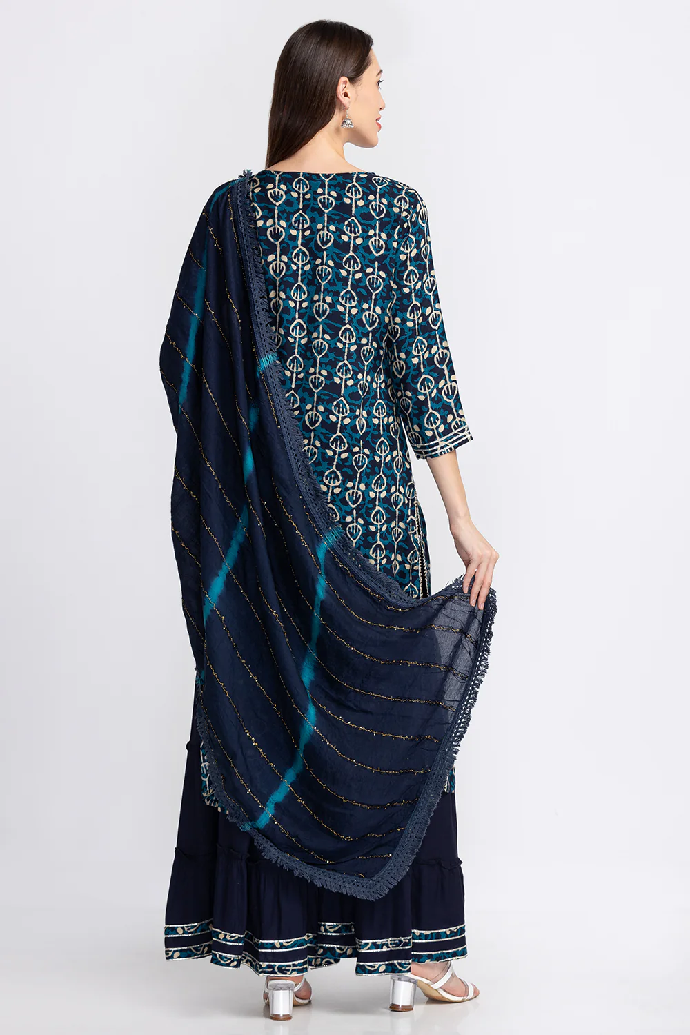 Neerus Blue Floral Embroidered Sequinned Kurta With Sharara Dupatta - Image 3