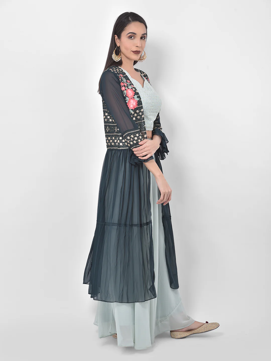 Neerus Blue & Green Embroidered Top & Skirt Set With Shrug - Image 2