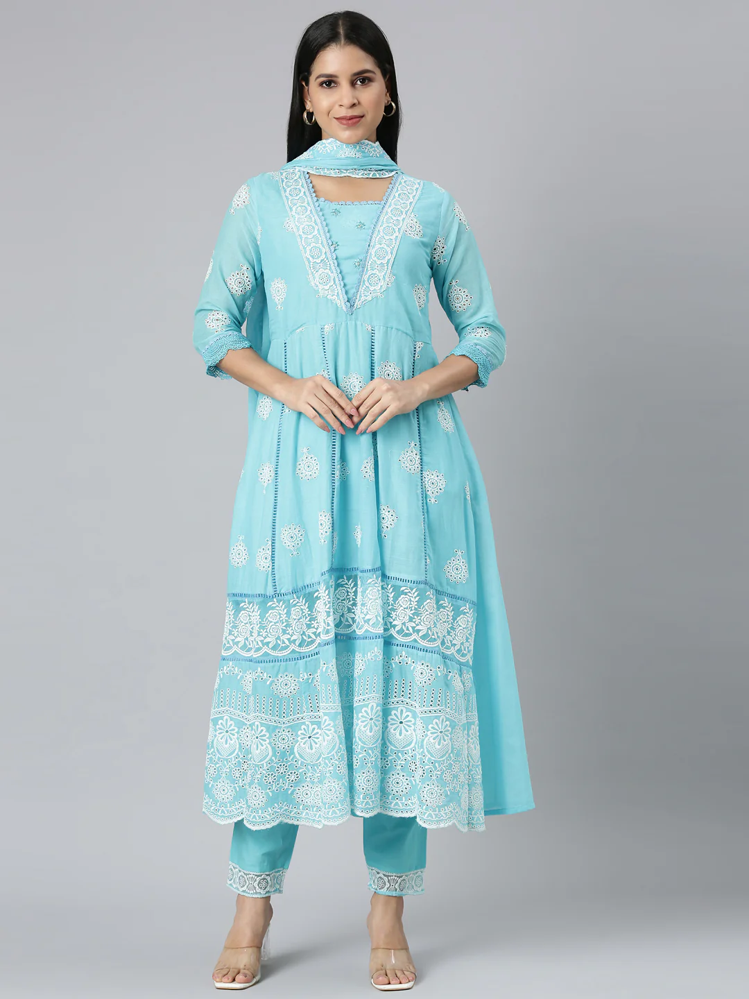 Neerus Blue Panelled Scalloped Kurta and Trousers With Dupatta