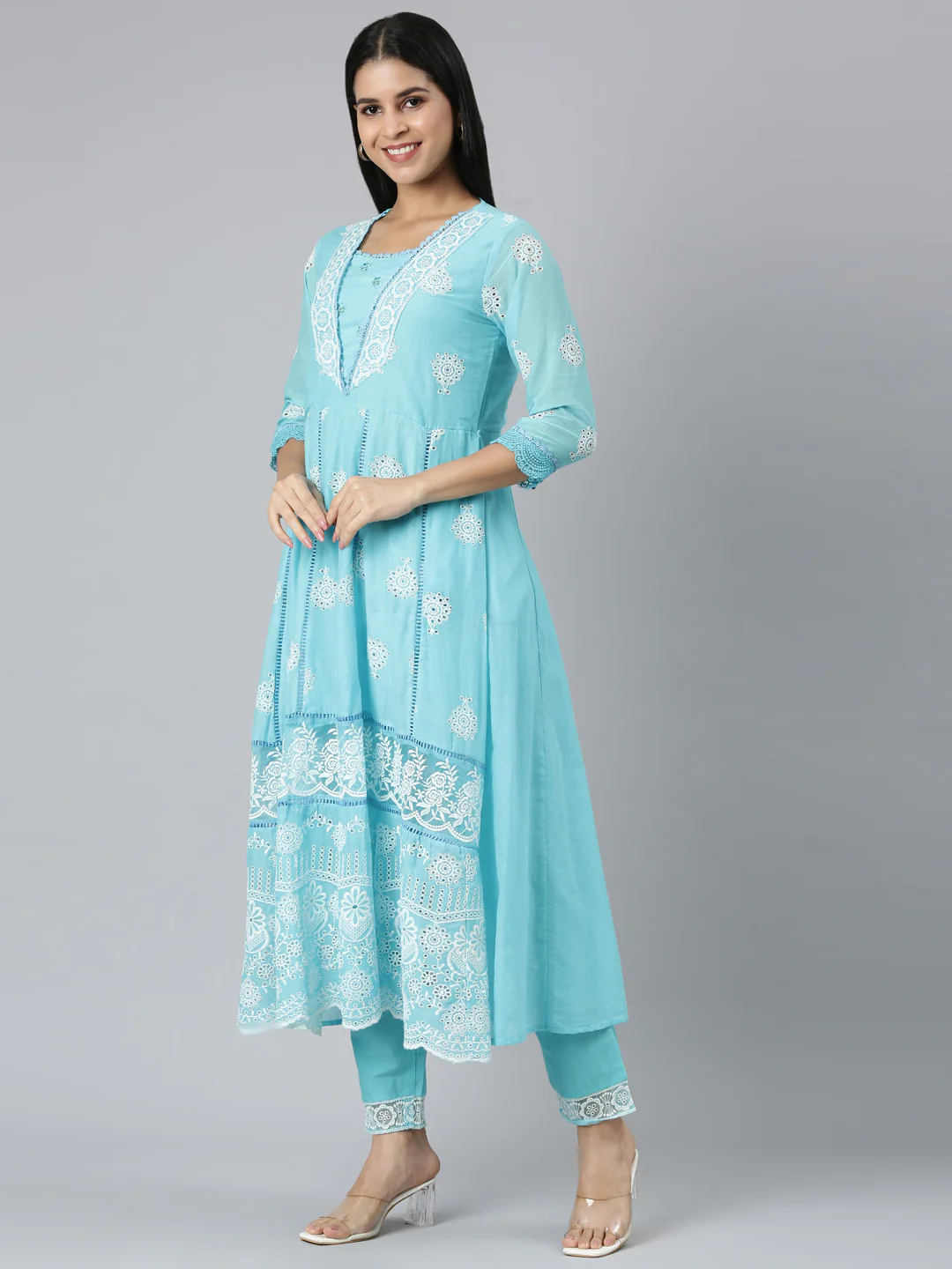 Neerus Blue Panelled Scalloped Kurta and Trousers With Dupatta - Image 2