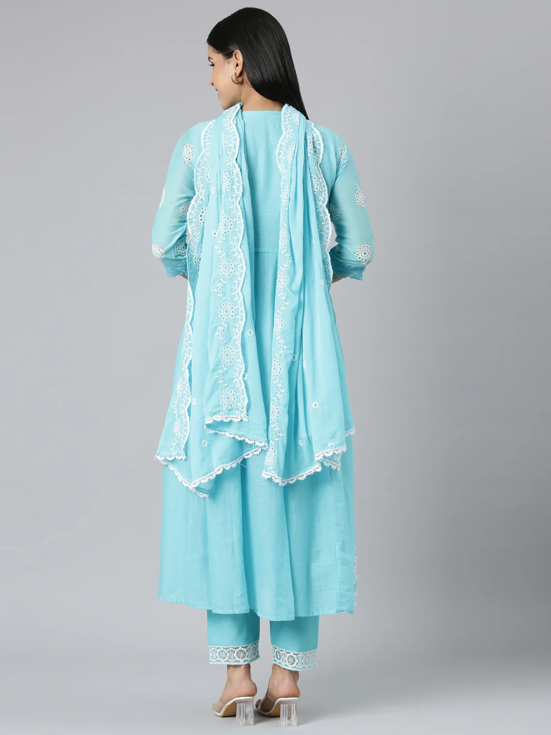 Neerus Blue Panelled Scalloped Kurta and Trousers With Dupatta - Image 3