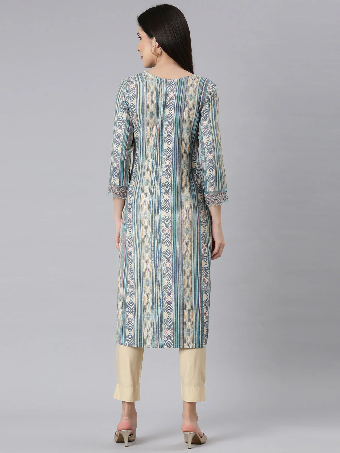 Neerus Blue Panelled Straight Chevron Kurta - Image 3