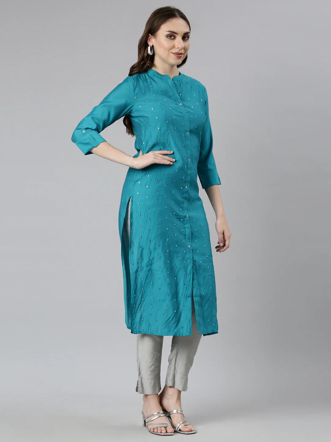 Neerus Blue Panelled Straight Embellished Kurta - Image 2