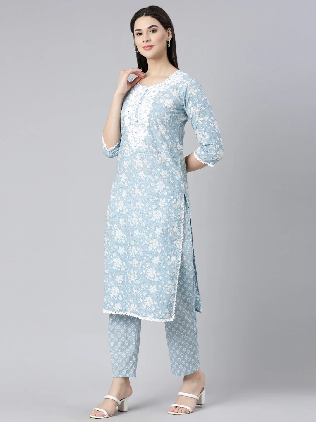 Neerus Blue Panelled Straight Printed Kurta And Trousers With Dupatta - Image 2